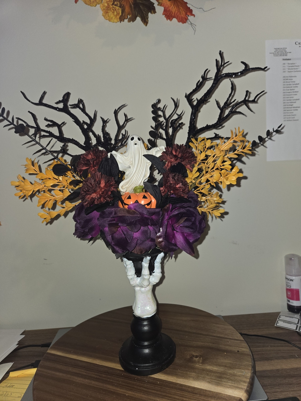 Halloween Faux Floral Arrangement with Purple, Orange & Black Accents W/ Ghost